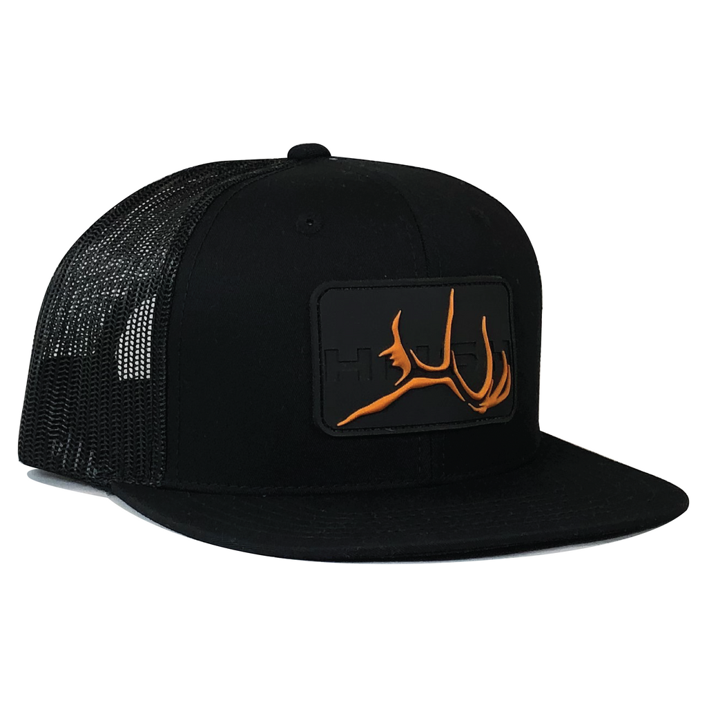 black bryce hat with orange hush logo